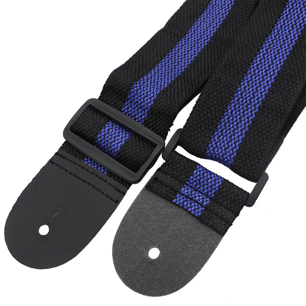 A woven crossbody guitar strap with a stripe pattern, shown attached to an electric guitar.