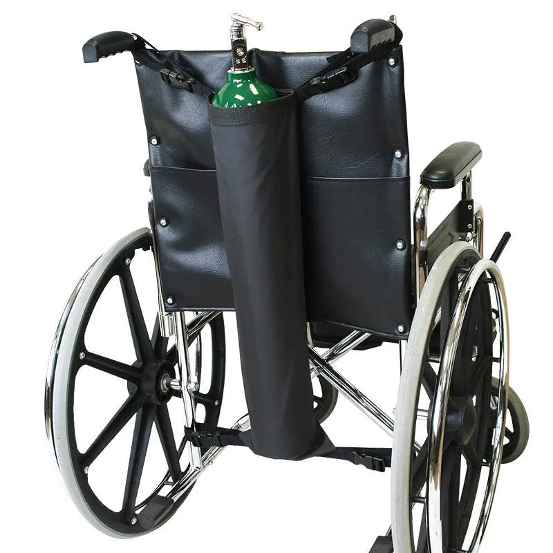 Black cylindrical wheelchair pannier bag made from 600D Oxford cloth for oxygen cylinder storage.