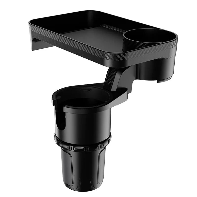 Black ABS plastic car-mounted rotating dinner tray holder showing 360-degree adjustment mechanism