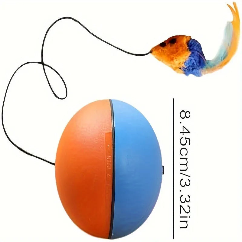 Interactive cat toy with blue and orange exercise ball and attached plush mouse