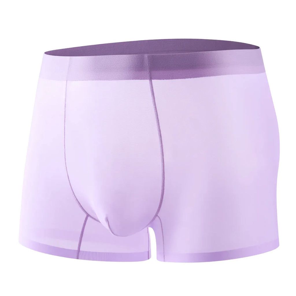 Men's ultra-thin ice silk boxer briefs in seamless design on a white background.