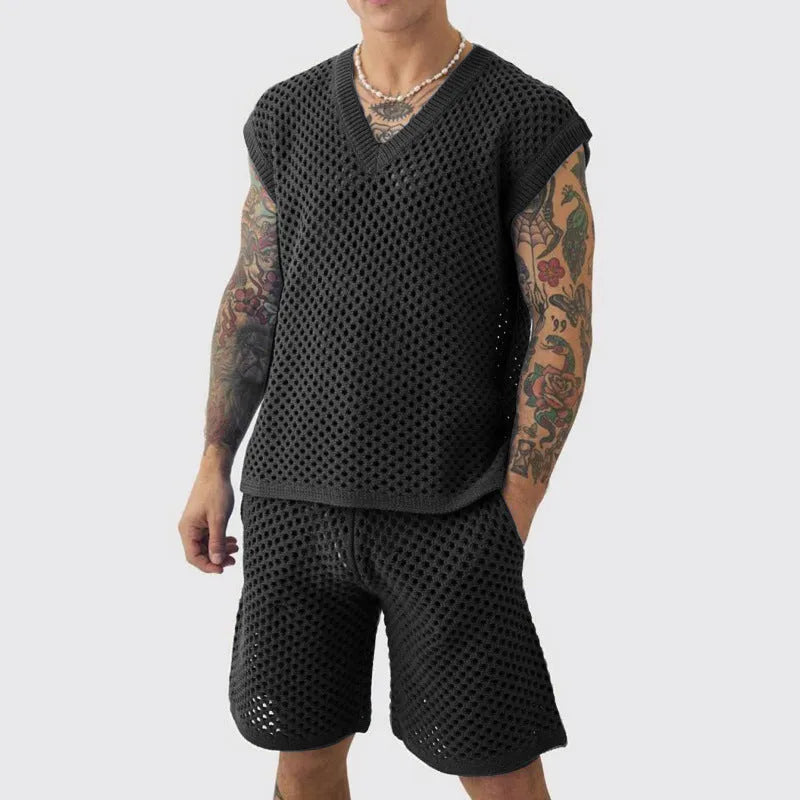 Men's blue knitted V-neck vest and matching shorts summer sports set