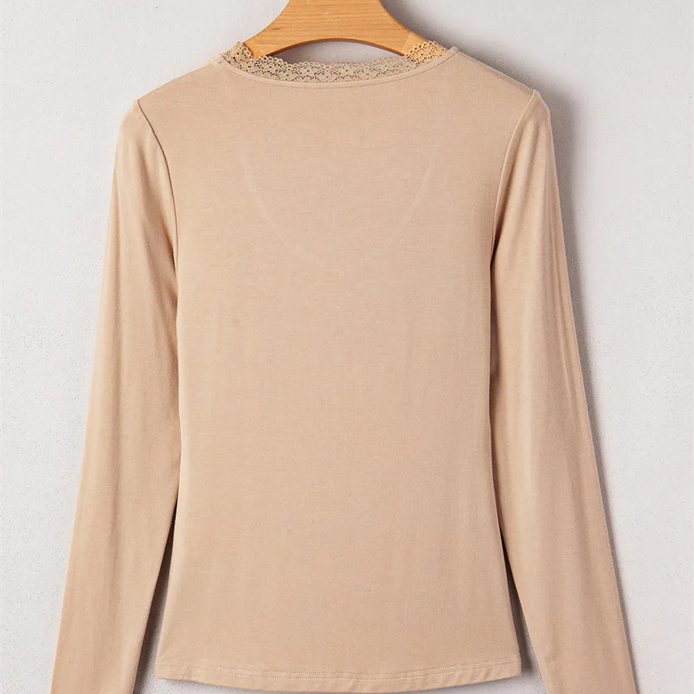 Red women's long sleeve casual top with lace trim detail on the sleeves in a slim fit.