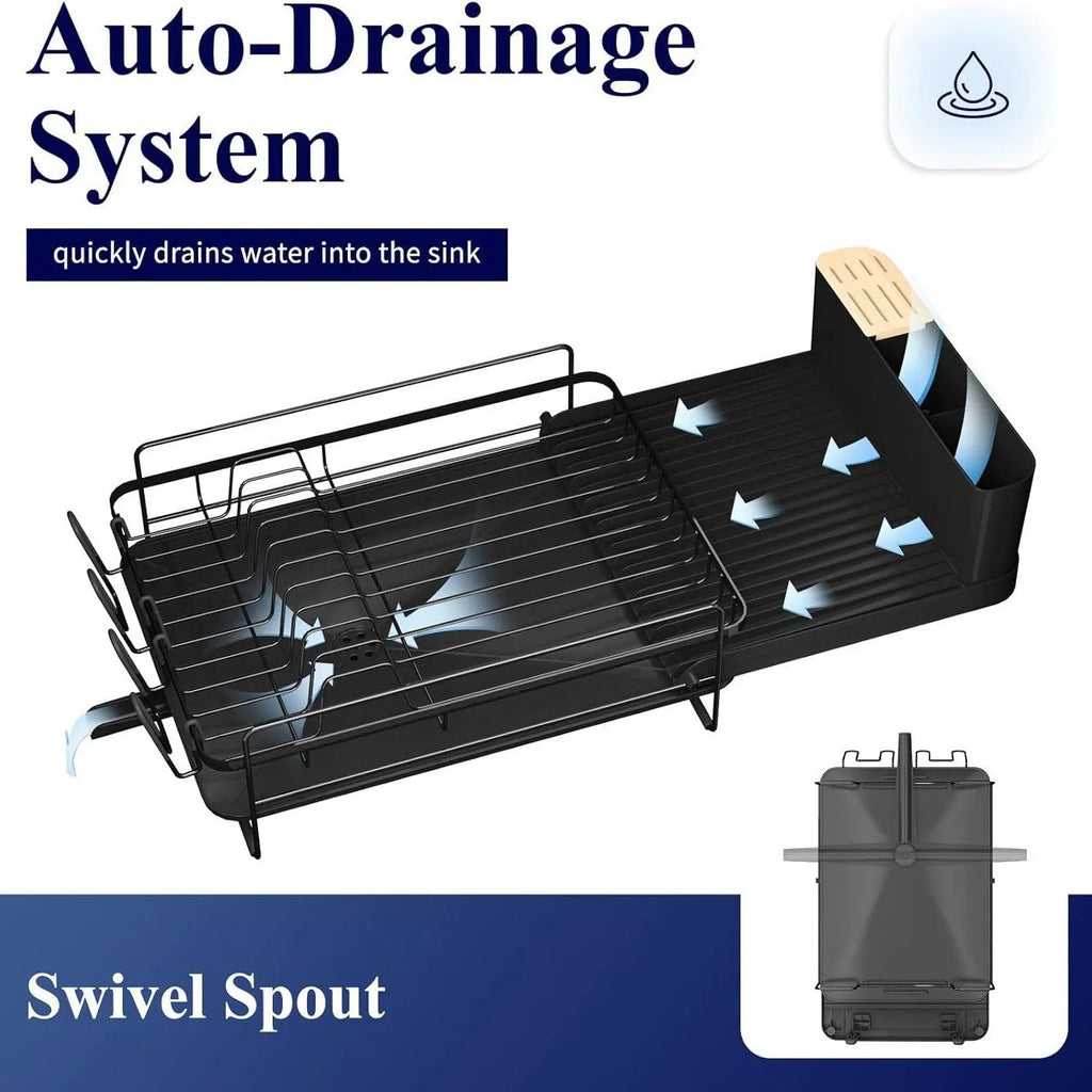 Retractable carbon steel dish rack for cutlery and cup drying over kitchen sink