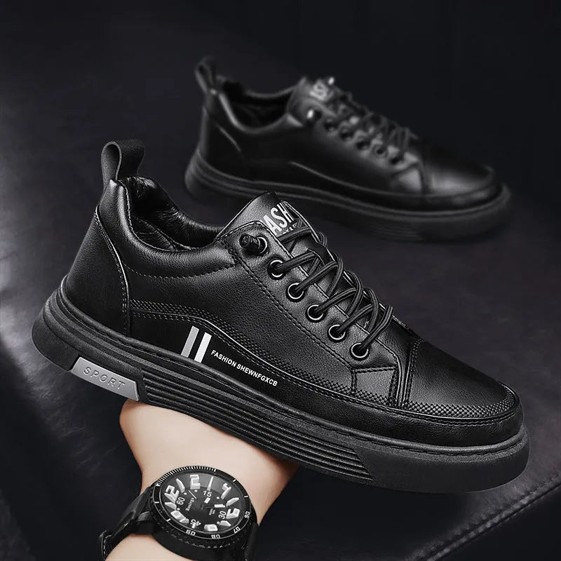 Men's low-top skateboard shoes with elastic band, microfiber upper, and rubber sole in black or white.