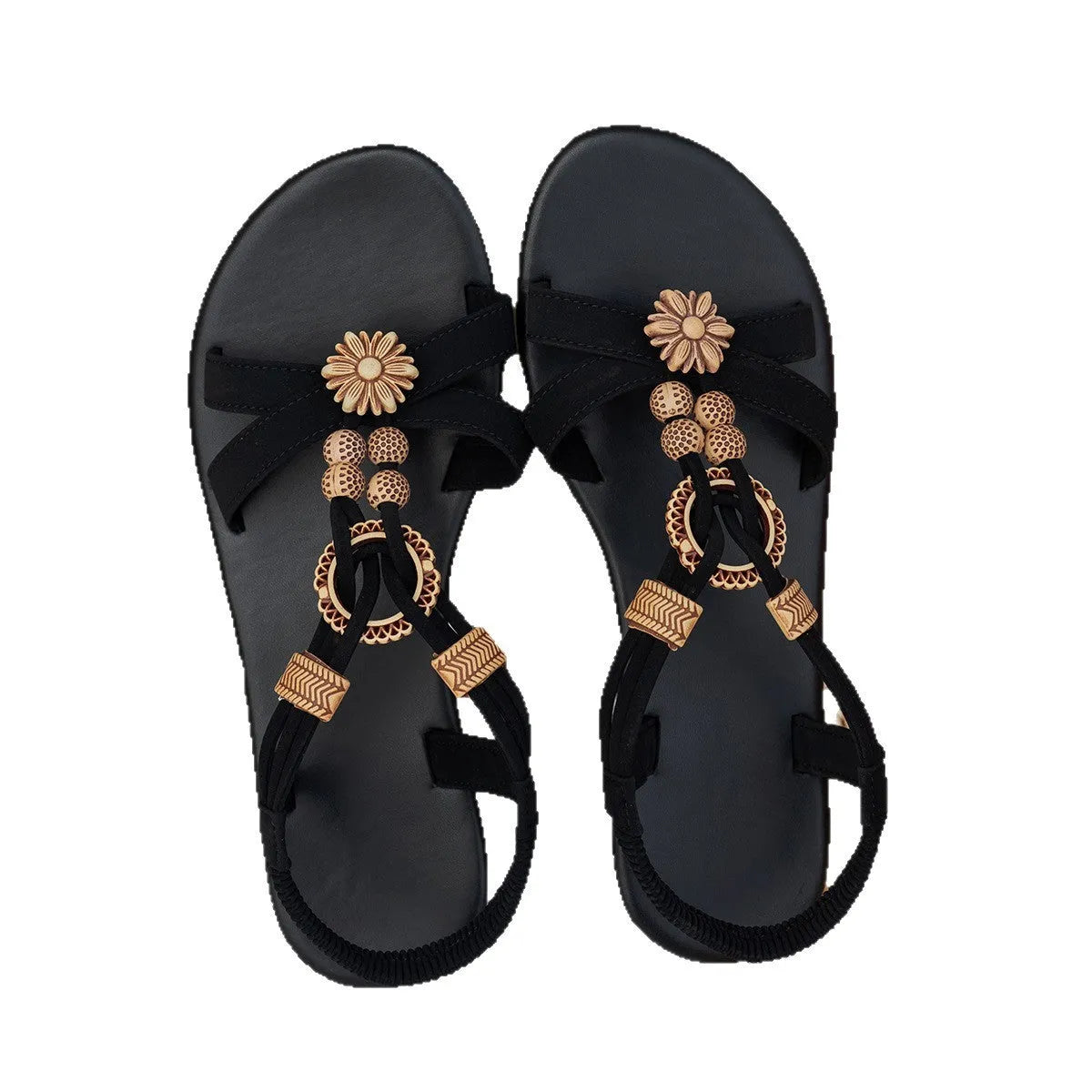 Black ethnic style women's sandals with beaded weave upper and elastic band