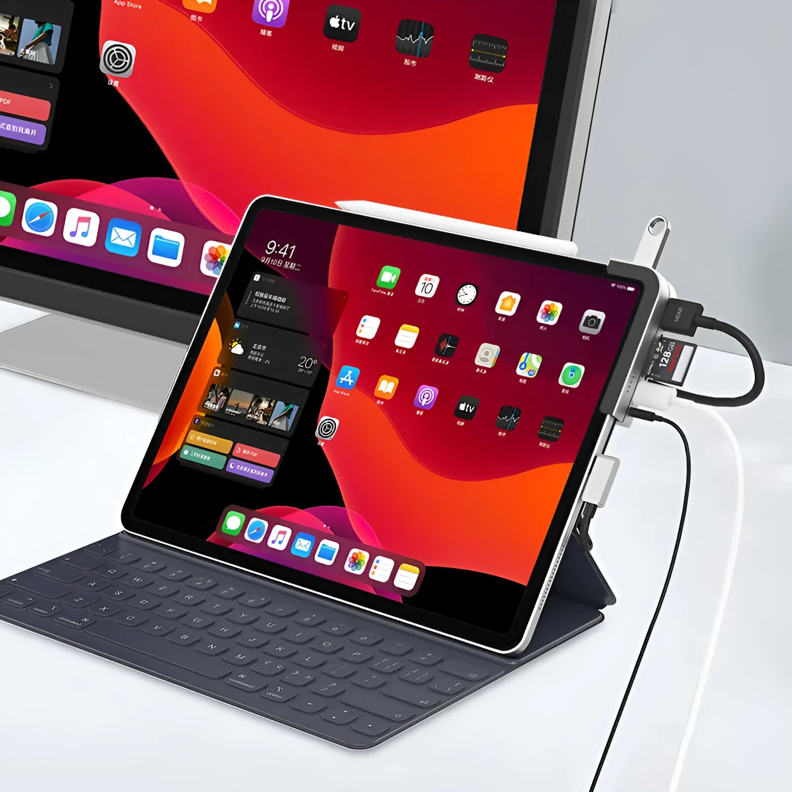 Silver aluminium grey USB-C docking station and converter hub for iPad Pro with multiple ports.