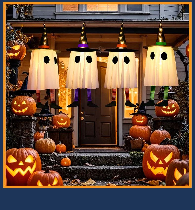 Halloween white LED light string with witch hat and ghost pendants for indoor decoration