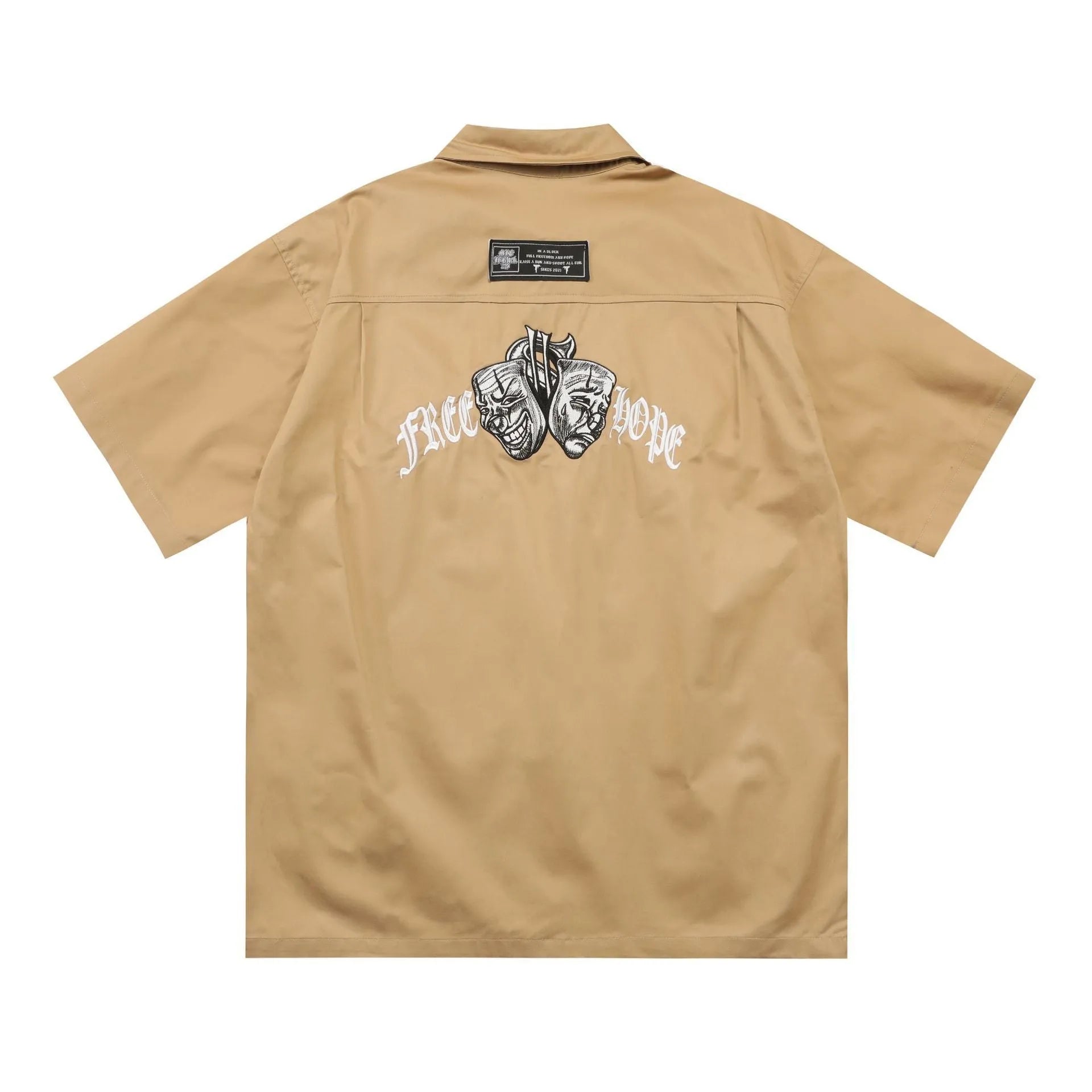 Men's plus size loose fit cotton blend work shirt with embroidered design and half sleeves