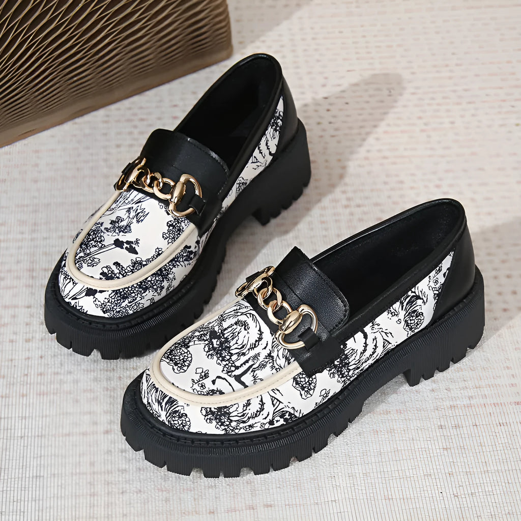 Plus size Mary Jane platform loafers with golden chain, PU upper, round toe, mid heel 3-5CM, available in Black, Milky White, Beige