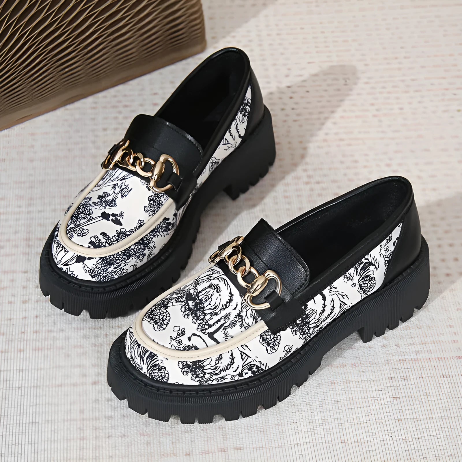 Plus size Mary Jane platform loafers with golden chain, PU upper, round toe, mid heel 3-5CM, available in Black, Milky White, Beige