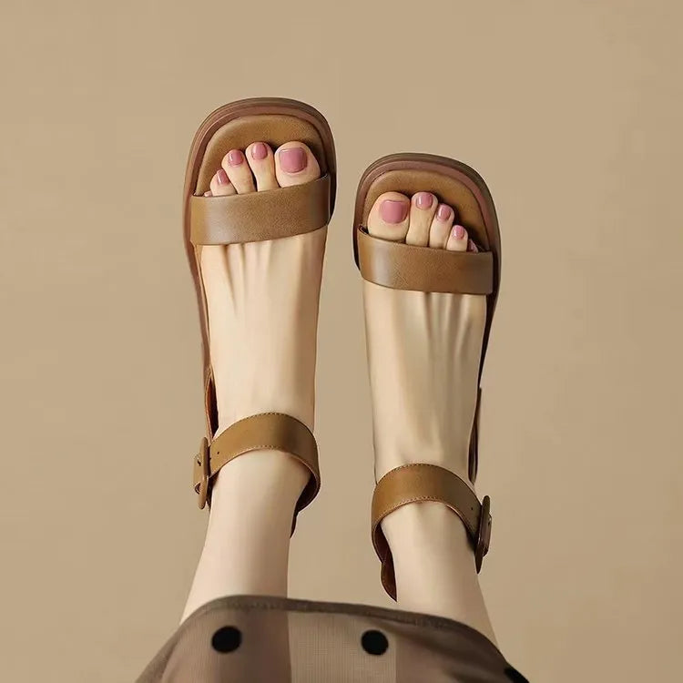 Retro ankle-strap platform high heels for women in white or khaki with round toe design
