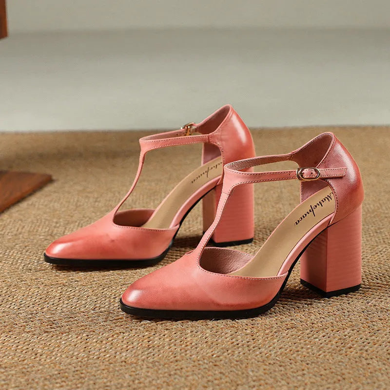 Women's retro pointed-toe Mary Jane shoes with buckle in pink or dark brown cowhide
