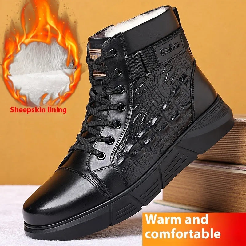 Women's genuine leather winter boots with fur lining and non-slip rubber soles in black with velvet trim