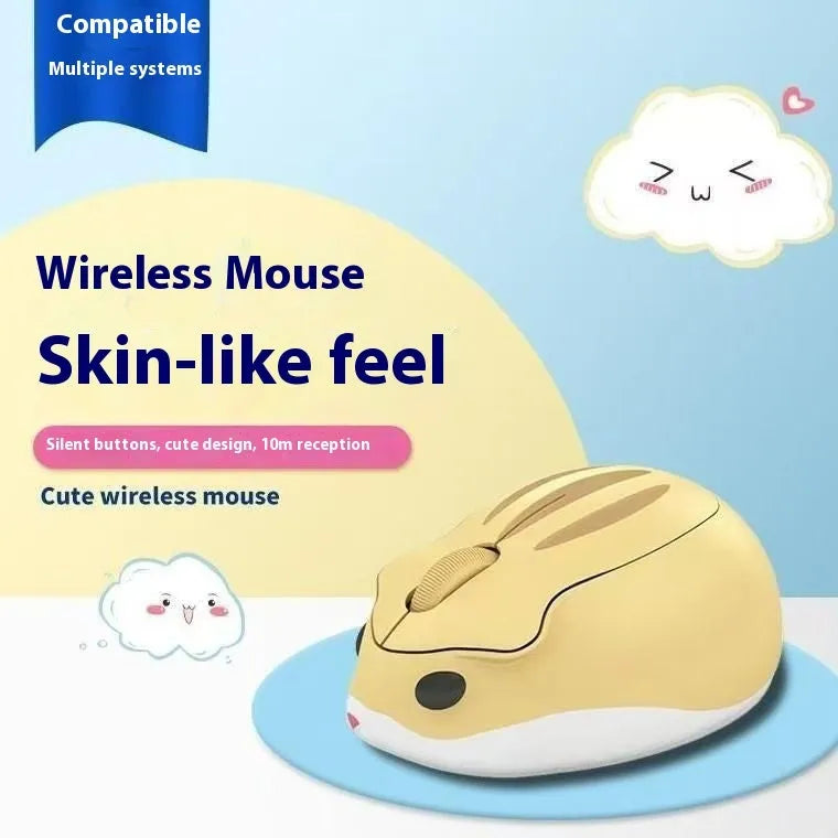 Hamster Wireless Mute Mouse in yellow, pink, and gray colour options, showing its compact size.