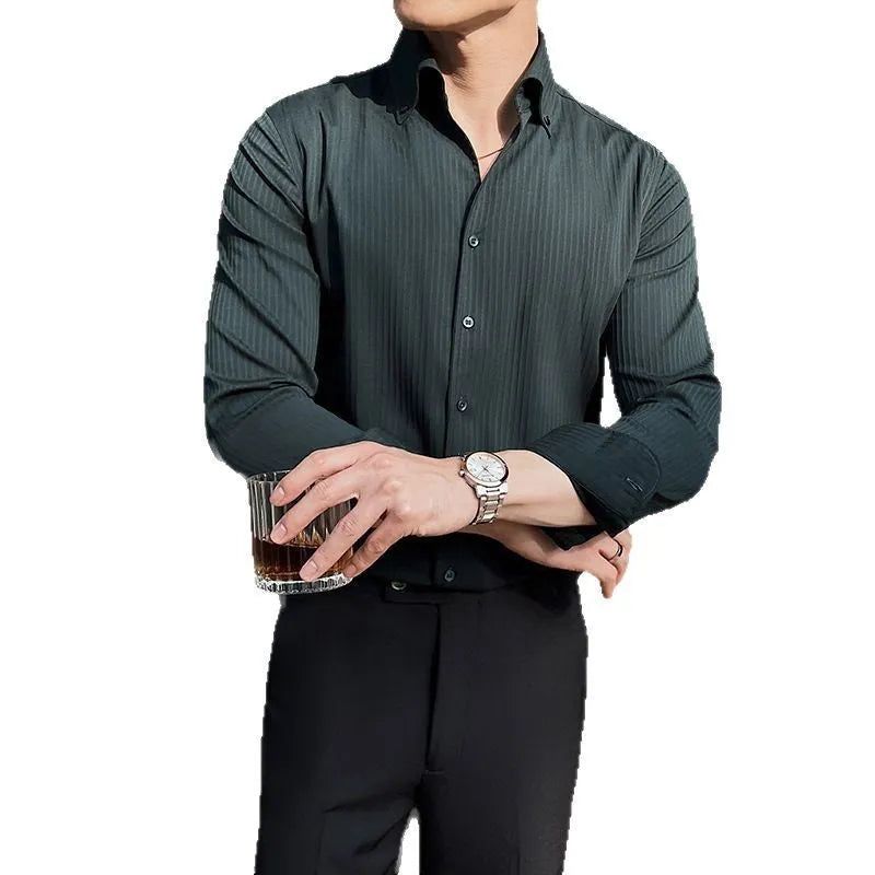 Men's striped long sleeve V-neck casual shirt in a cardigan style, shown in multiple colours.