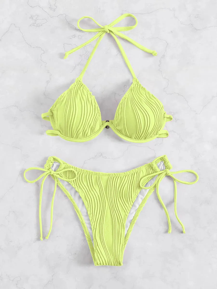 Women's apricot split bikini with steel bracket underwire, shown on size chart.