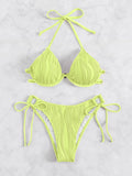 Women's apricot split bikini with steel bracket underwire, shown on size chart.