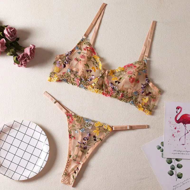 Floral mesh bra with steel ring T-back underwear set in multiple colours