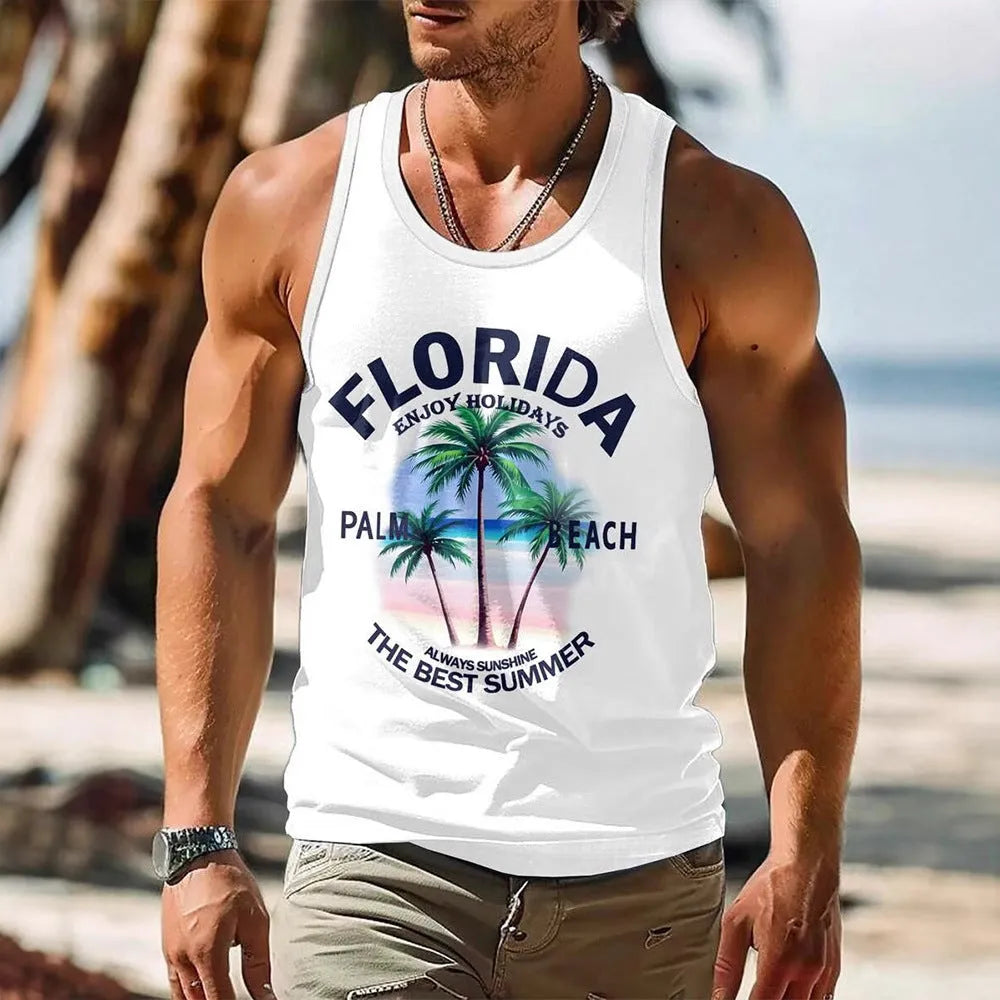 Men's 3D printed Hawaiian-style sleeveless vest t-shirt in polyester fabric