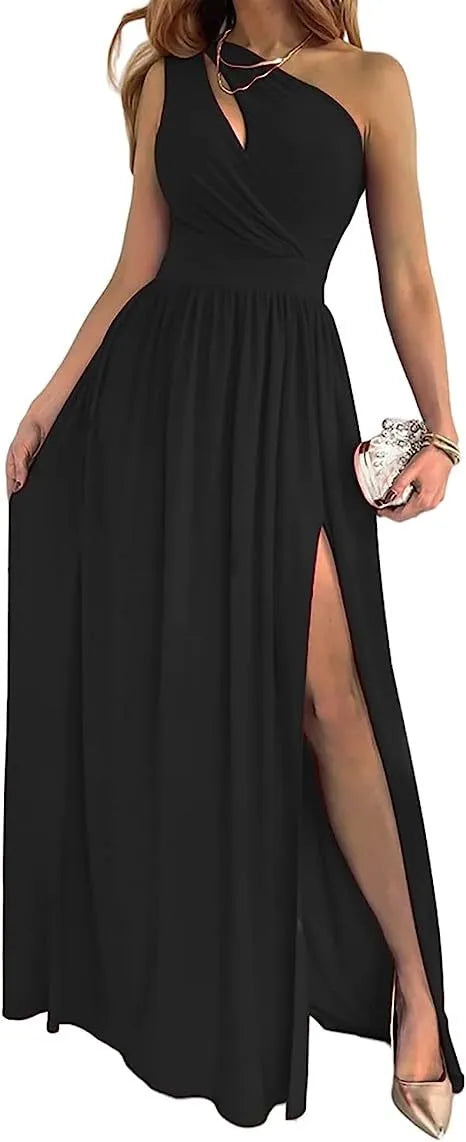 Women's one shoulder maxi dress with high split and cutout detail in soft flowy fabric