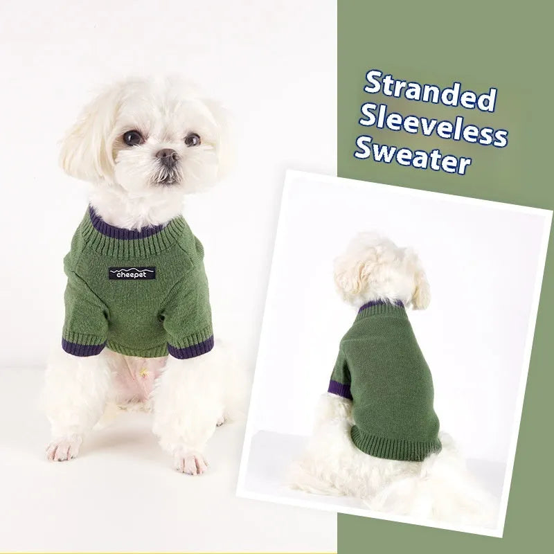 British-style wool pet sweater for dogs with contrasting leg panels in Crown Blue.