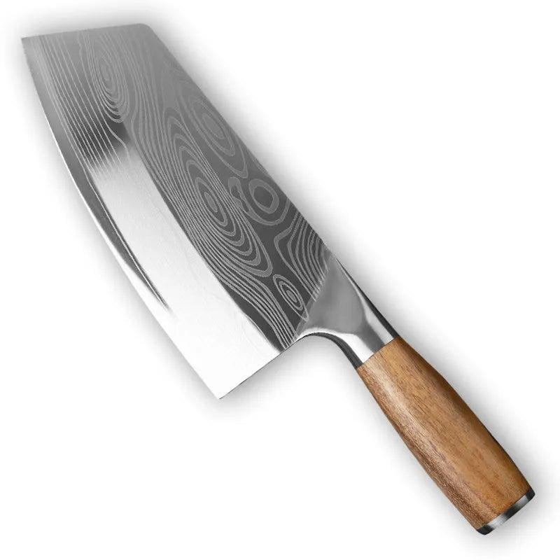 A 320mm long stainless steel kitchen knife with a 40cr13 steel blade on a kitchen counter.