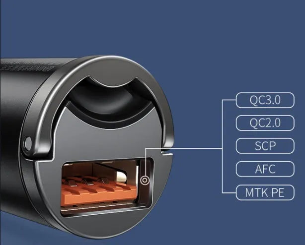 Baseus electro-optical grey mini car charger with 1 metre cable for 30W PPS fast charging