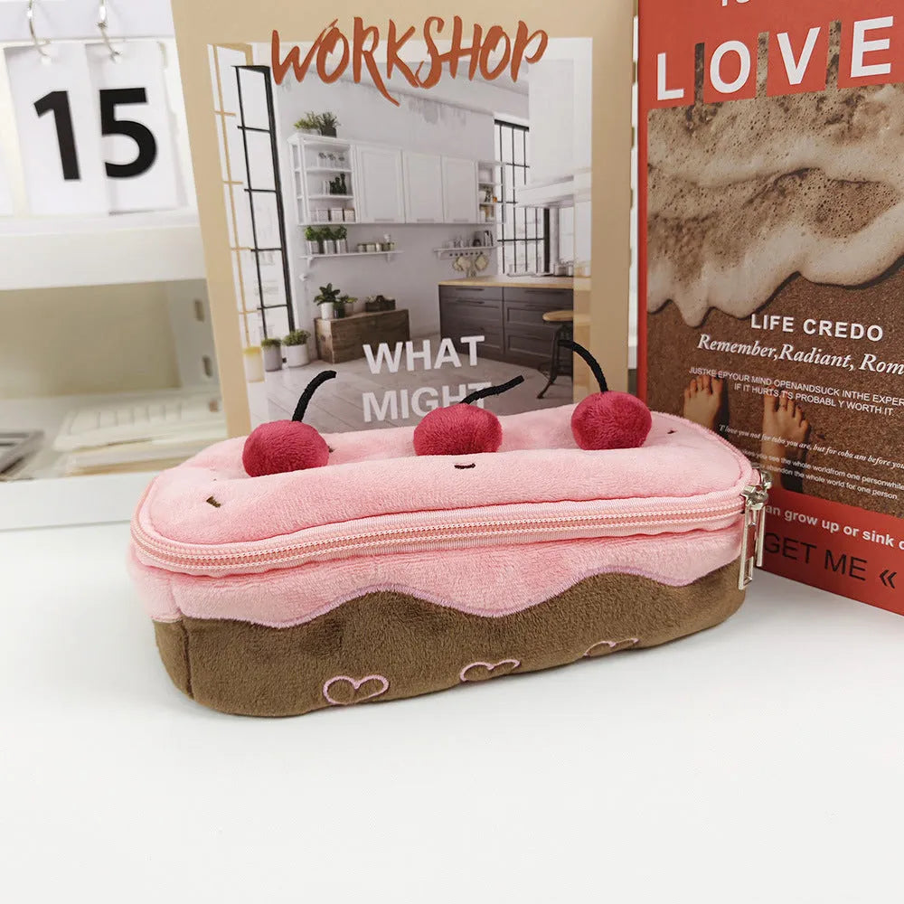 Cherry cake colour velvet plush pencil case with Korean style design and zip closure