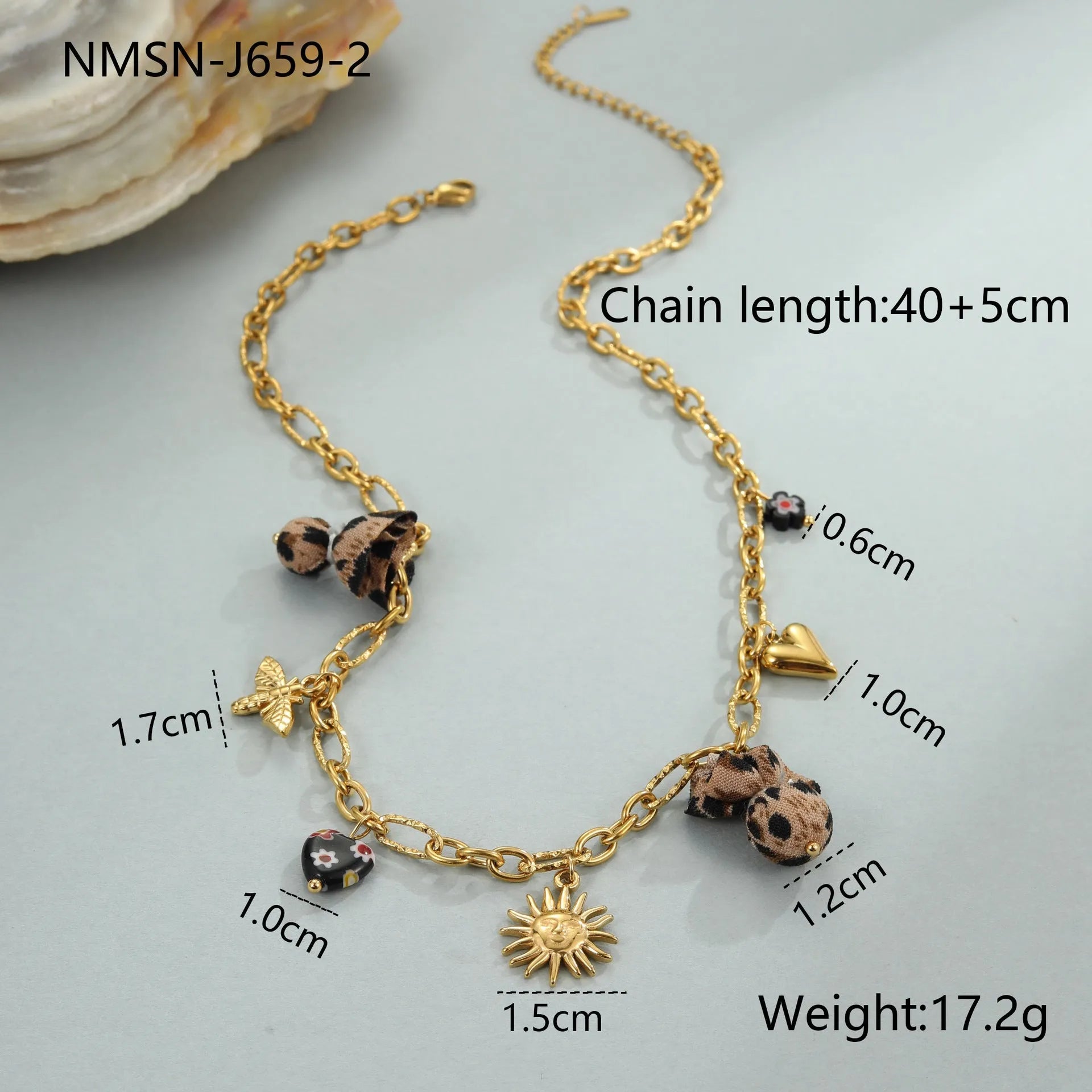 Leopard pendant necklace with love heart flowers on stainless steel chain