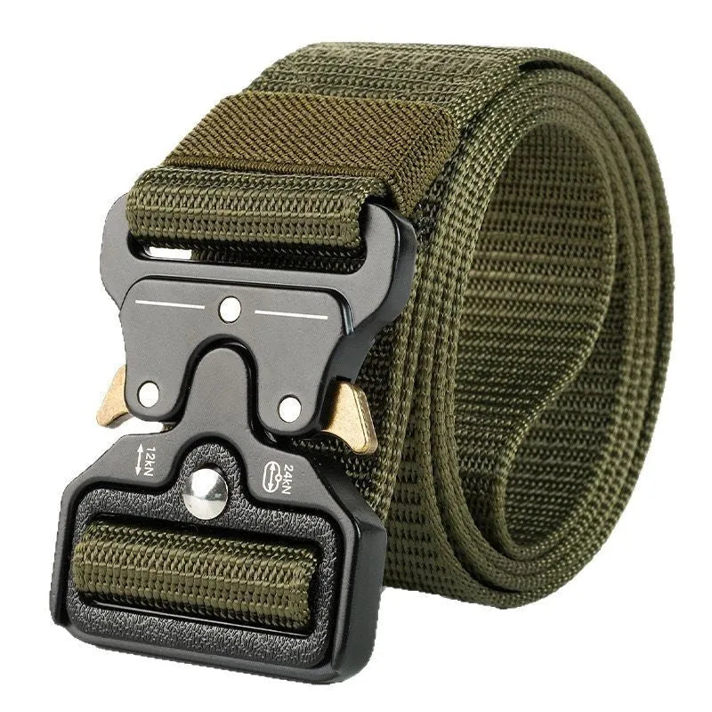 Men's canvas tactical belt with alloy buckle in Army Green colour showing length and buckle detail