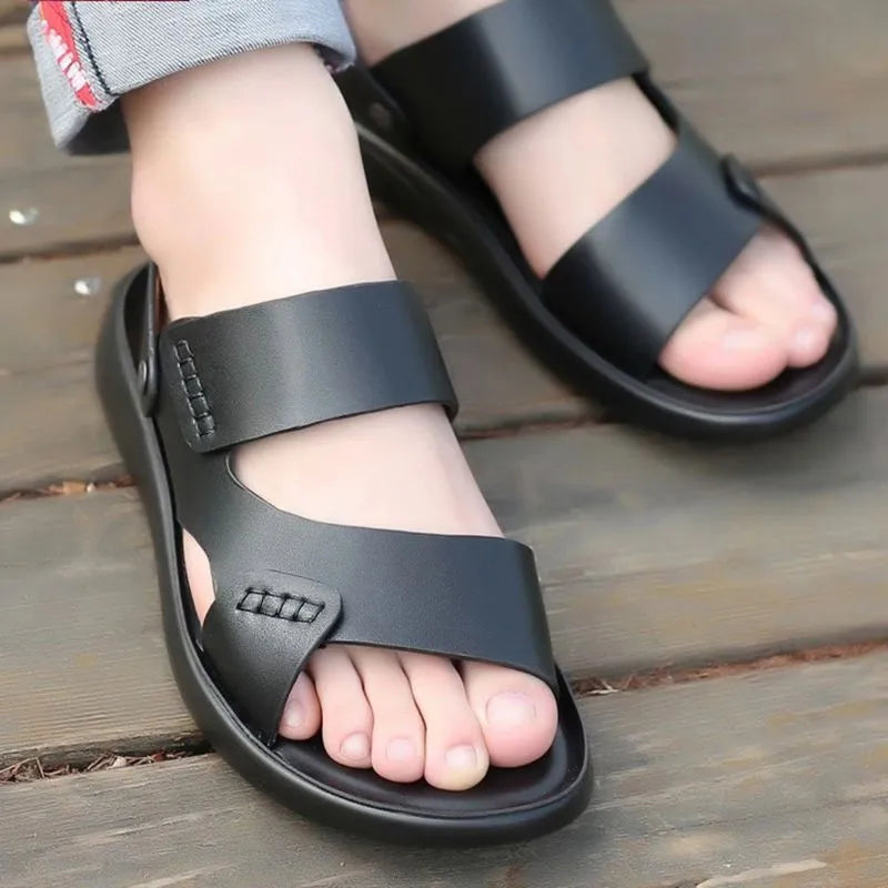Men's waterproof plastic beach sandals in brown and black colours showing slip-on casual design