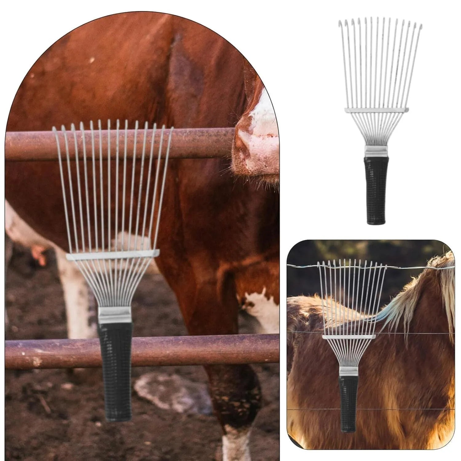 Black stainless steel pet grooming rake measuring 33cm for horses cattle dogs