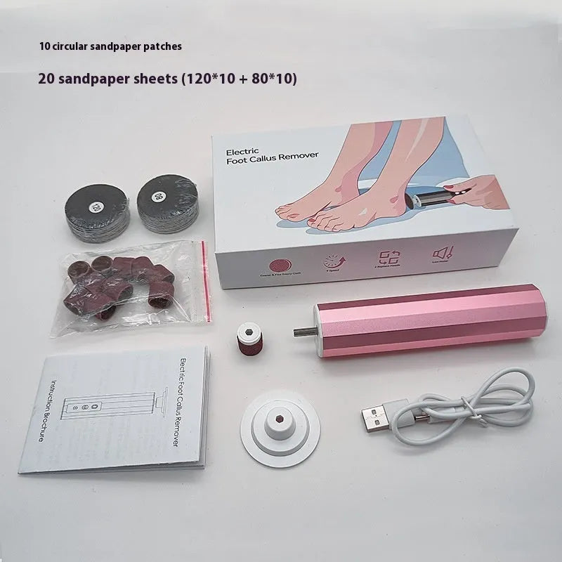 USB rechargeable electric foot file and callus remover with sandpaper wheels in pink, black, and purple colours.