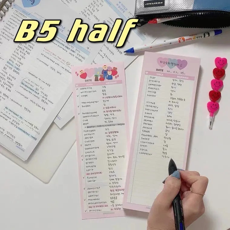 B5 half-size language learning notepad with English words, available in pink, purple and blue cover colours