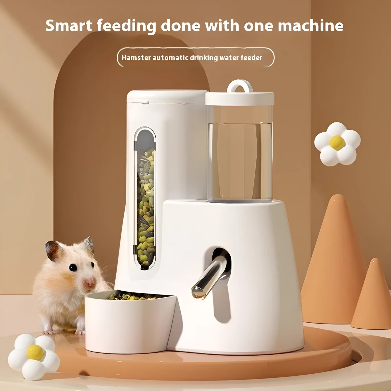 White, blue, and pink hamster automatic drinking water feeder and food basin for dwarf hamsters.