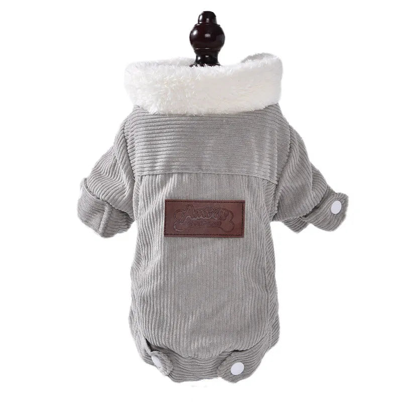 Lambswool grey dog vest with wool lining shown on pet model in size M
