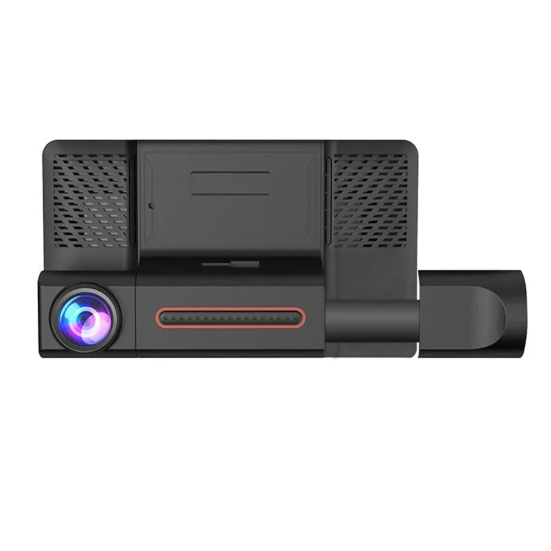 Three lens dashcam with 4 inch touch screen showing front rear and interior recording angles black plastic