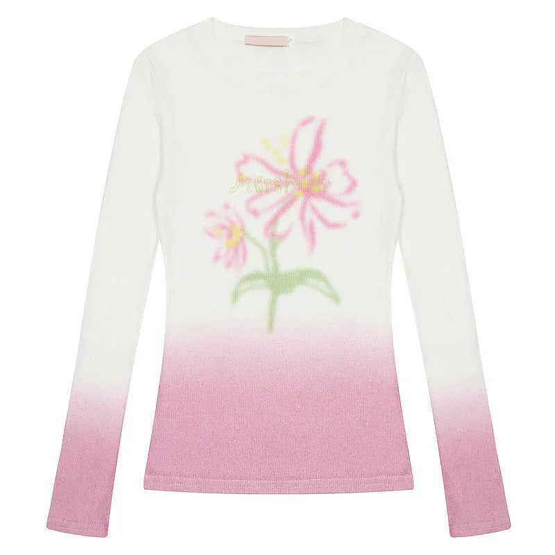 Gradient flower pattern women's long-sleeved T-shirt in thin polyester fabric