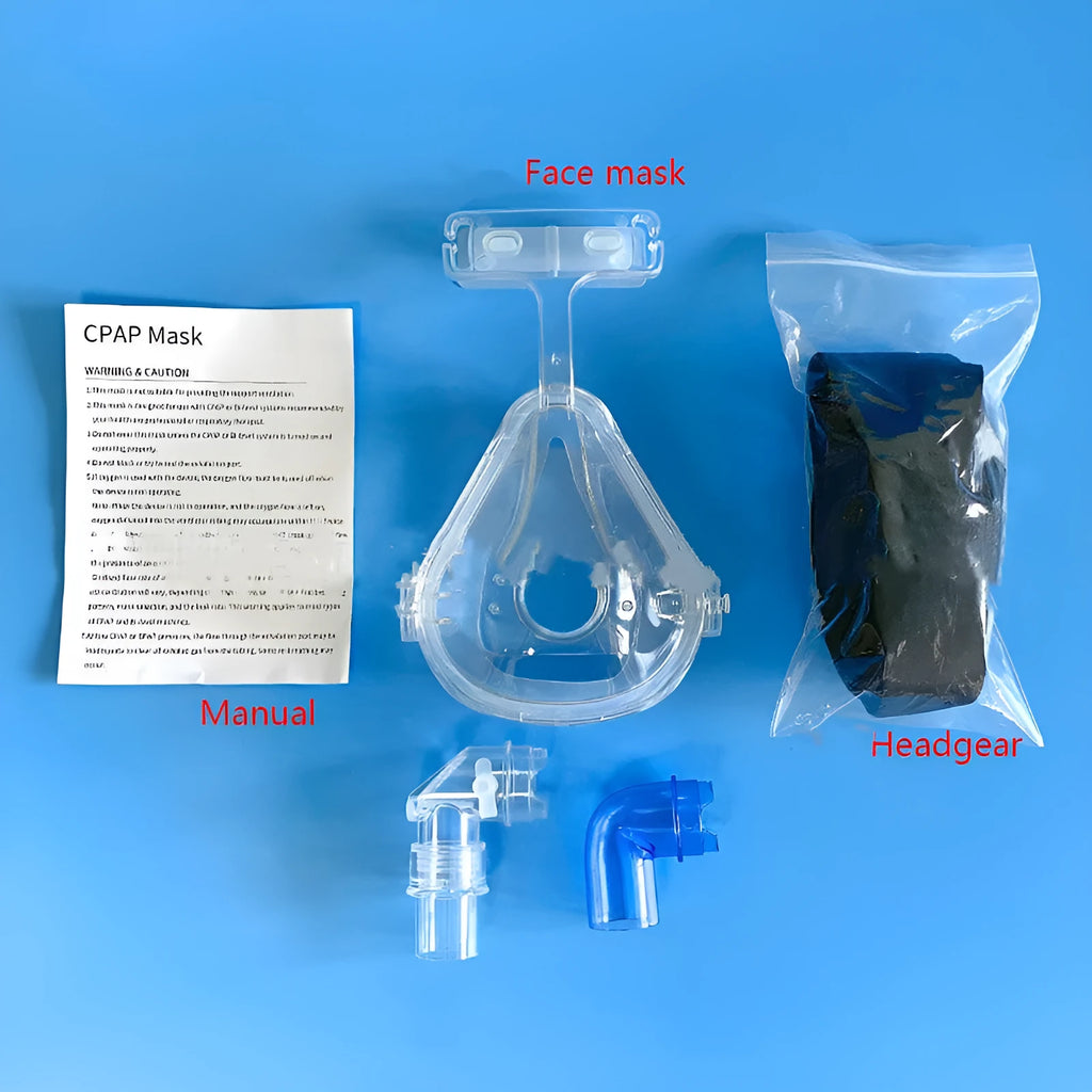 Transparent CPAP breathing mask with silicone cushion and two elbow adapters for ventilator connection