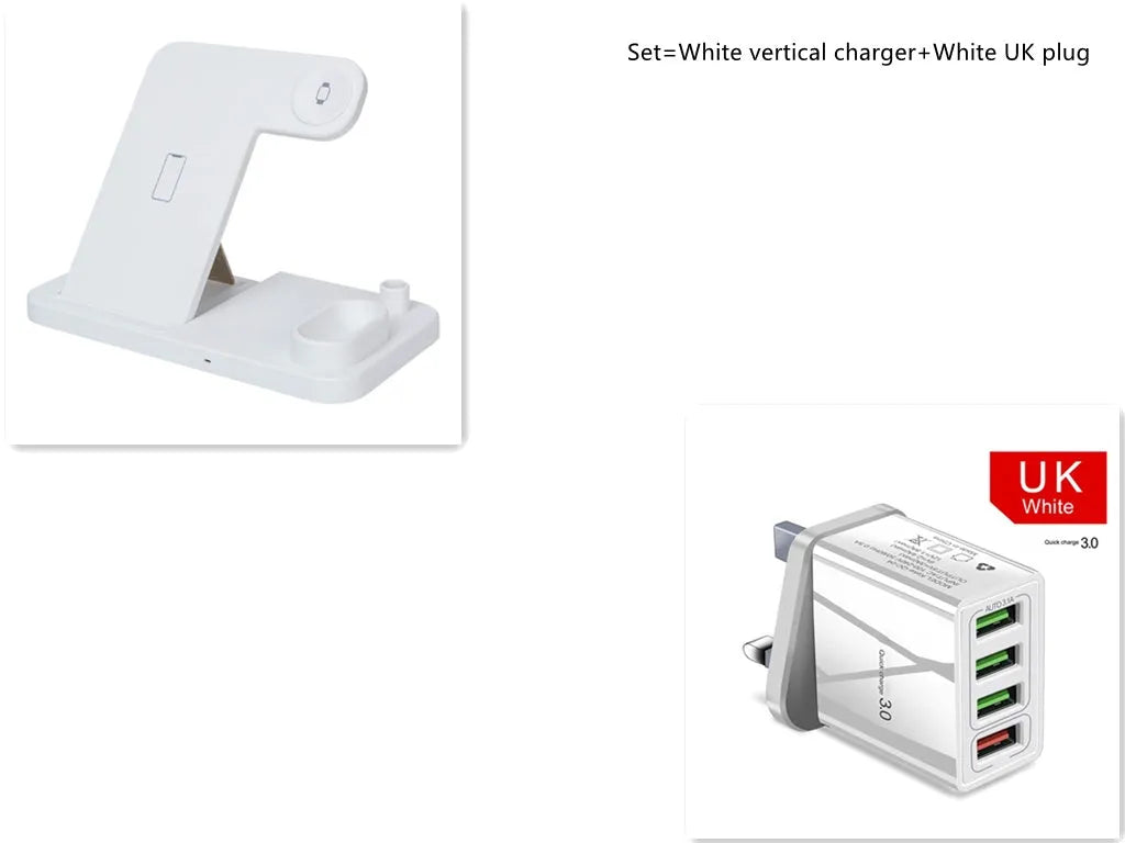 4-in-1 wireless charging station showing phone, Apple Watch, AirPods and Apple Pencil charging simultaneously on adjustable stand