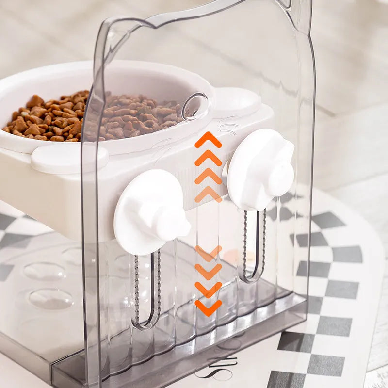 Grey pet feeding bowl with cat ear design and removable hanging cage attachment