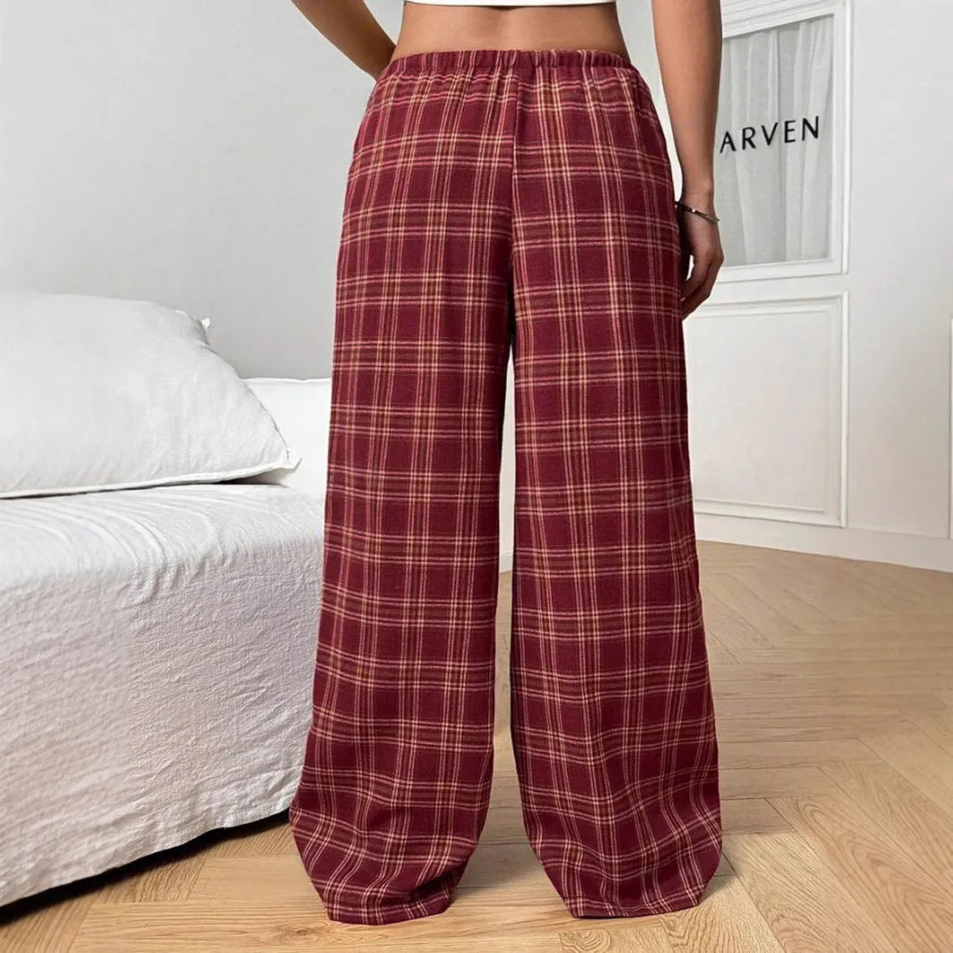 Women's loose fit plaid trousers with drawstring waist and side pockets in red colour