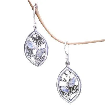 Women's creative leaf design earrings with embedded colourful moonstones in silver alloy setting