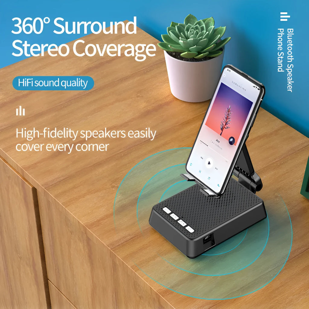 Black mobile phone broadcaster stand with integrated Bluetooth speaker and HD microphone on a desk.