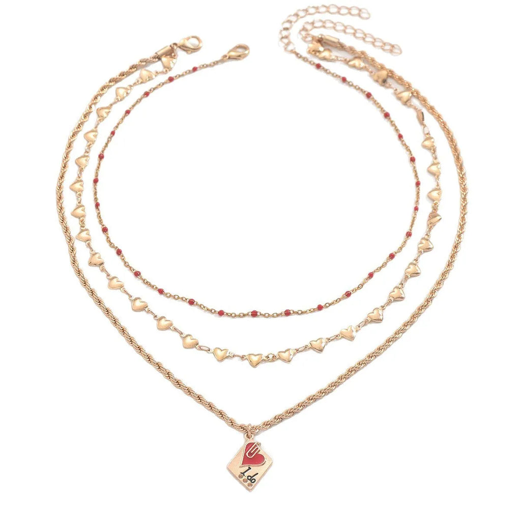 Adjustable three-layer zinc alloy clavicle chain necklace with a geometric heart pendant.
