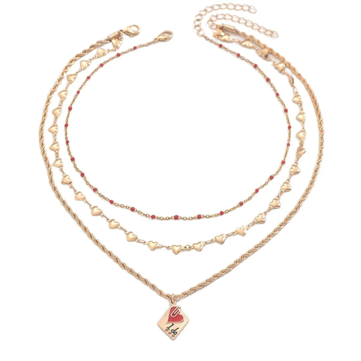 Adjustable three-layer zinc alloy clavicle chain necklace with a geometric heart pendant.
