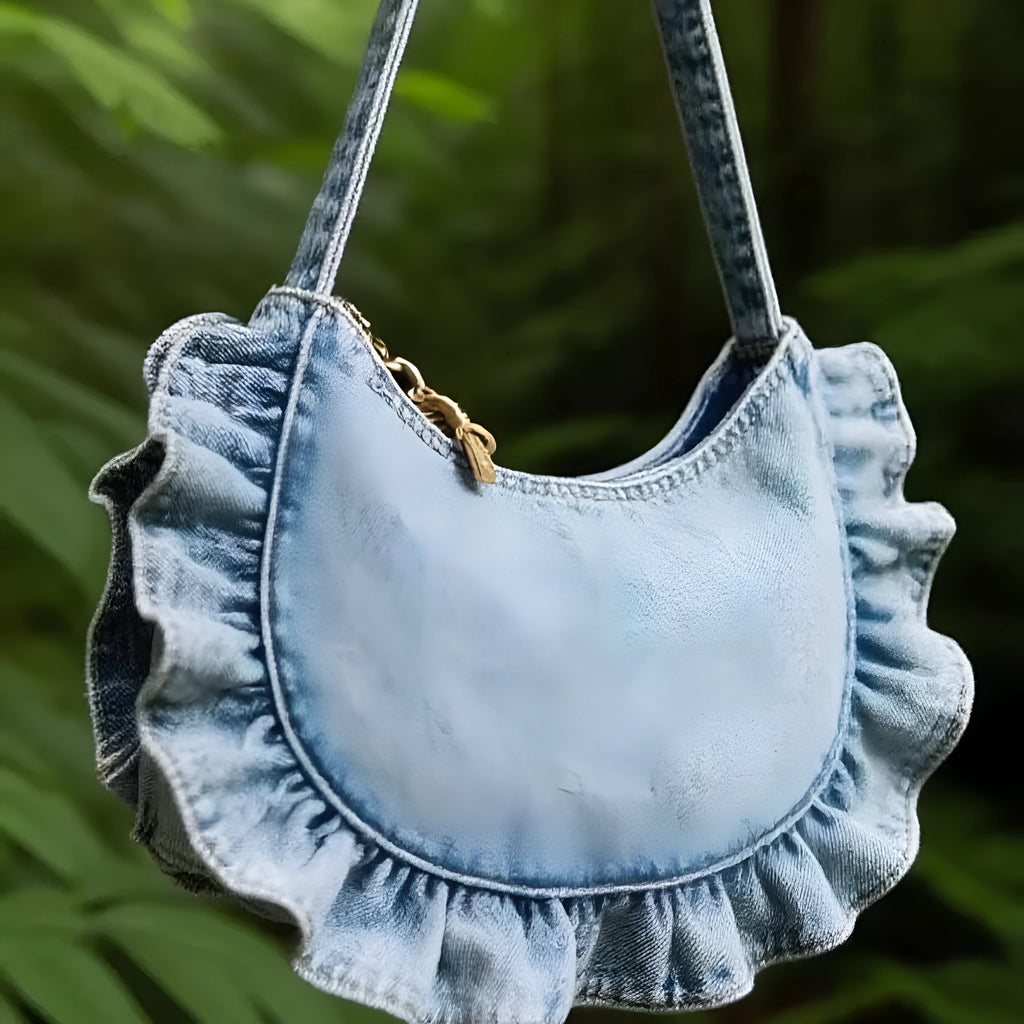 Denim blue polyester women's cross-body bag with lace pleating and stitching thread detail
