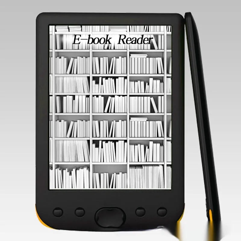 Black 6-inch e-ink screen e-book reader showing its front display and portable design.