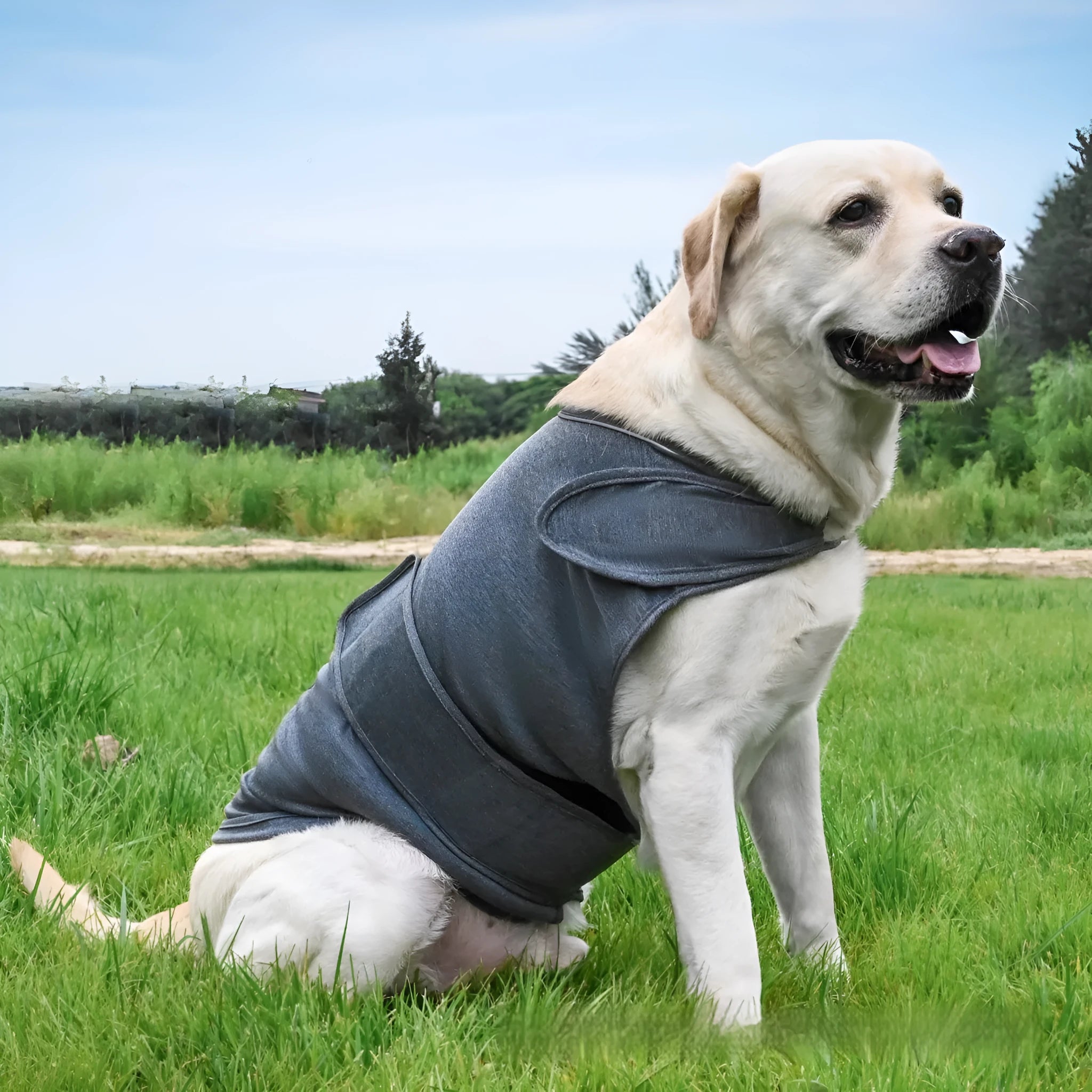 Brown dog anxiety relief tank top for separation anxiety made from stretchy cotton fabric